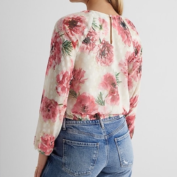 Express Pink Floral Gathered Neck Balloon Sleeve Top Clip Dot Lined Sz Large - Picture 3 of 13